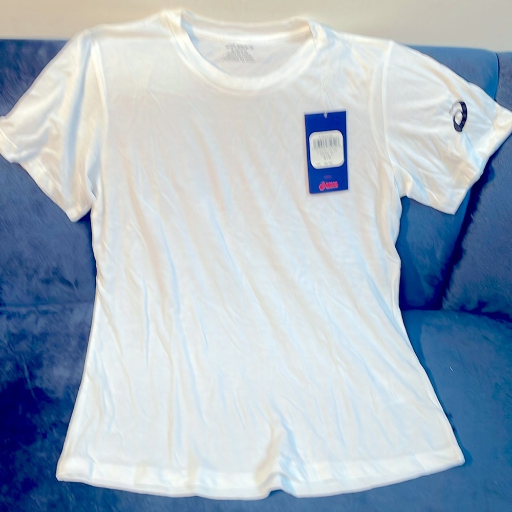 White ASICS crew neck t-shirt